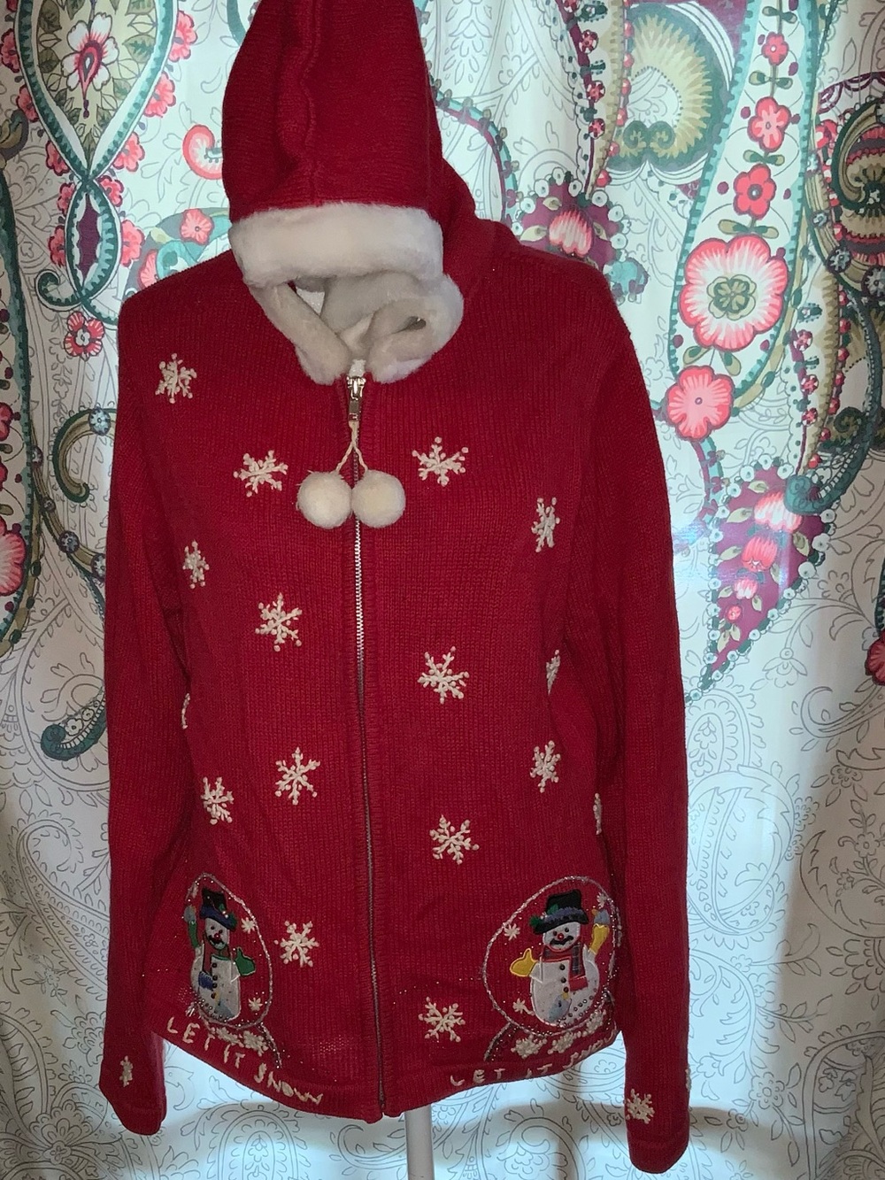 Vintage Lemon Grass Small Red Zip Up Knit  Christmas Sweater Snowman Grannycore